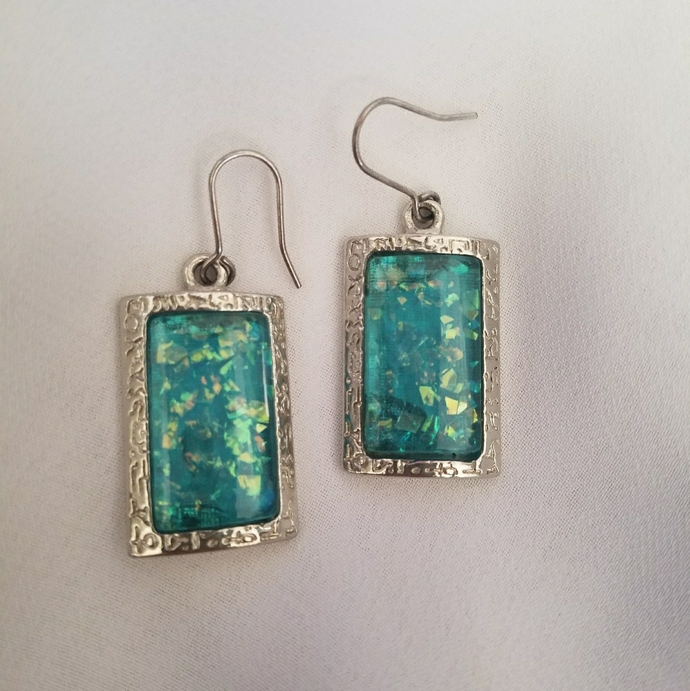 Aqua/ silver rectangle dangle earrings